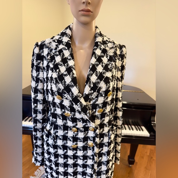 NWT Luxury Minimalist Zara Houndstooth Tweed Fringe Double Breasted Coat - Picture 14 of 17